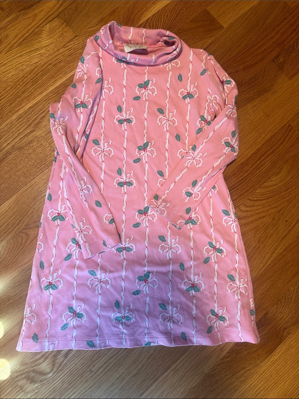 The Beaufort Bonnet Company Pink Floral Turtleneck Dress with Bow and Holly.